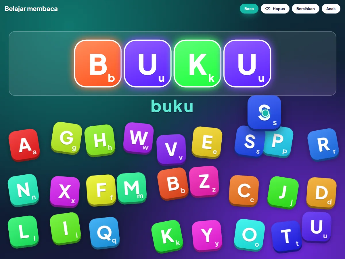 AlphaGrab — ilustrasi Belajar membaca · huruf dibacakan AI · kontrol gestur tangan