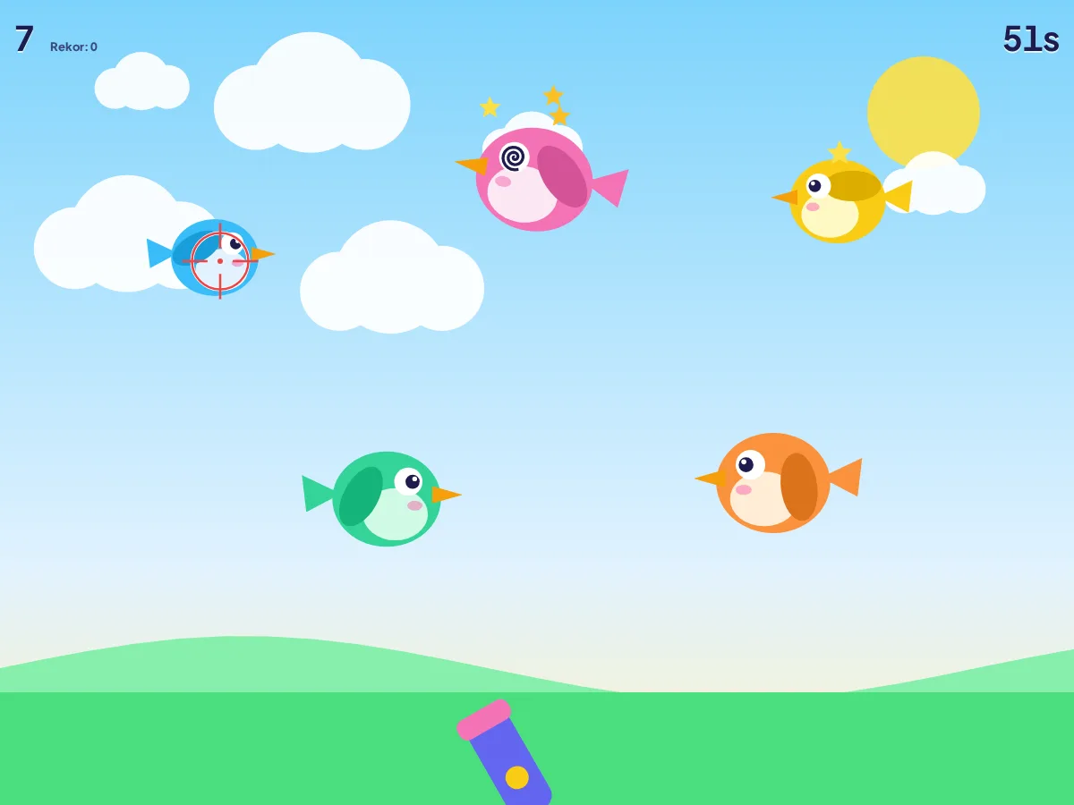 DizzyBird — ilustrasi Game tembak burung ramah anak · pistol jari pakai kamera